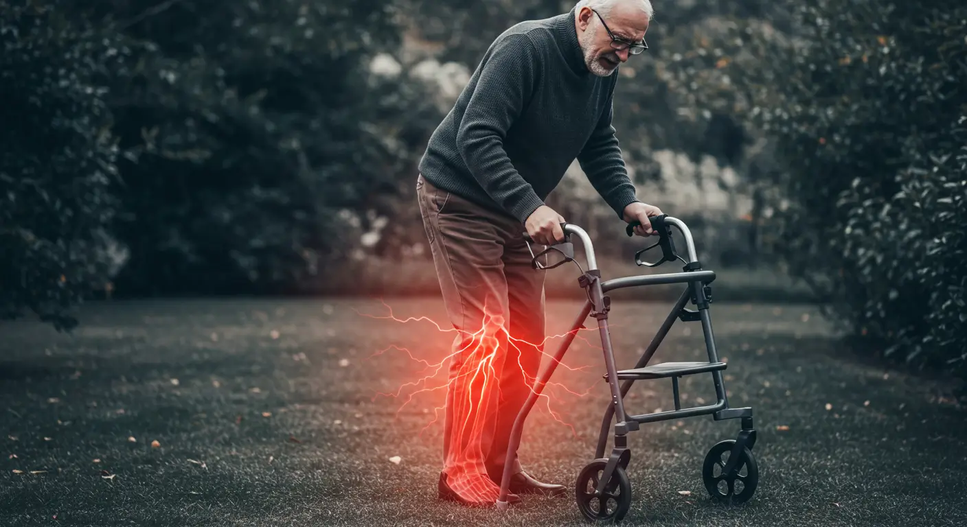 Man with a cane struggling to walk